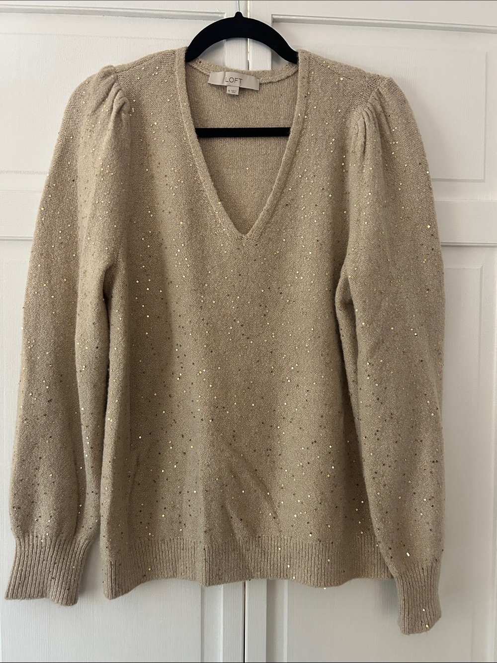 LOFT Neutral Sequin V-Neck Puff-Sleeve Sweater
